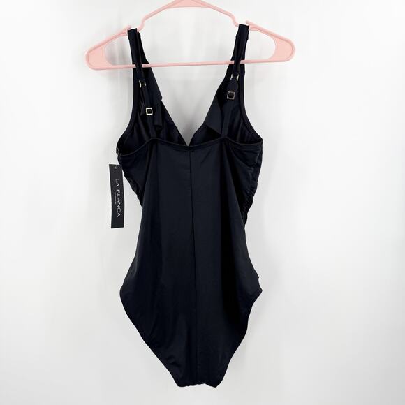 La Blanca Swimsuit Size 8 NWT One Piece Island Goddess Ruffle Surplice Black - Picture 4 of 16